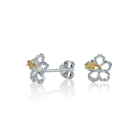 Sterling silver floating hibiscus YG plated earring with 8mm flower design, crafted from 925 sterling silver.
