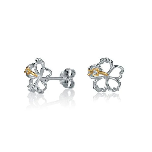 Floating hibiscus earring with 10mm floral design in gold tone, perfect for summer jewelry collection.