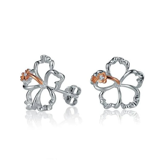 Sterling silver floating hibiscus earring with 15mm size, featuring delicate floral design on a post back.