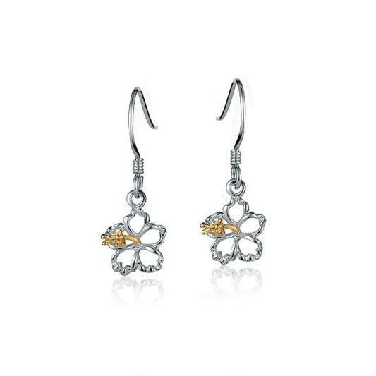 Sterling silver Floating Hibiscus Hook Earring with 8mm flower design, crafted in 925 silver, styled for elegant wear.