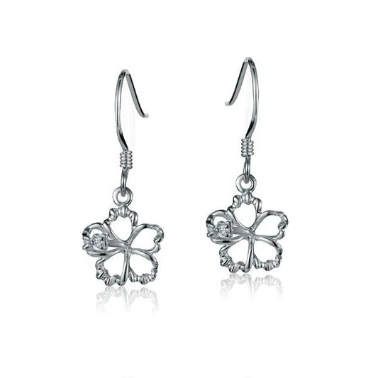 Sterling silver floating hibiscus hook earring with 10mm flower design, crafted by Ashley's Gift Shop