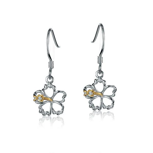 Sterling silver floating hibiscus hook earrings, 10mm, with delicate floral design, by Ashley's Gift Shop