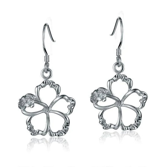 Sterling silver floating hibiscus hook earring, 15mm size, crafted with intricate floral design, perfect for elegant jewelry collection.
