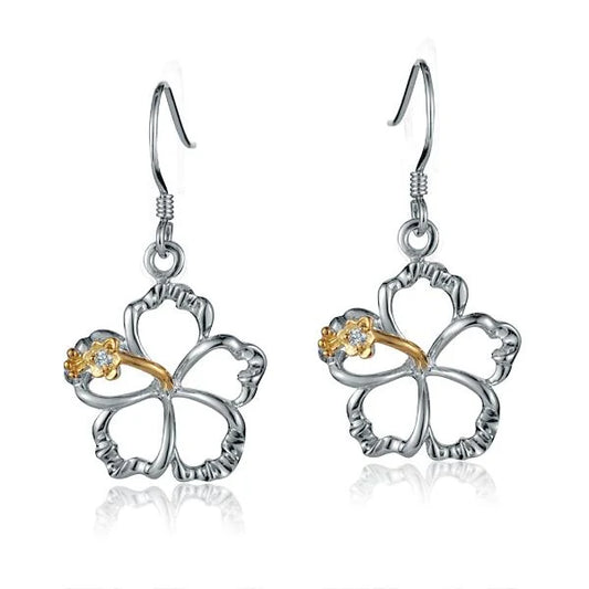 Sterling silver floating hibiscus hook earrings, 15mm, featuring delicate hibiscus flower design for a stylish and lightweight accessory.