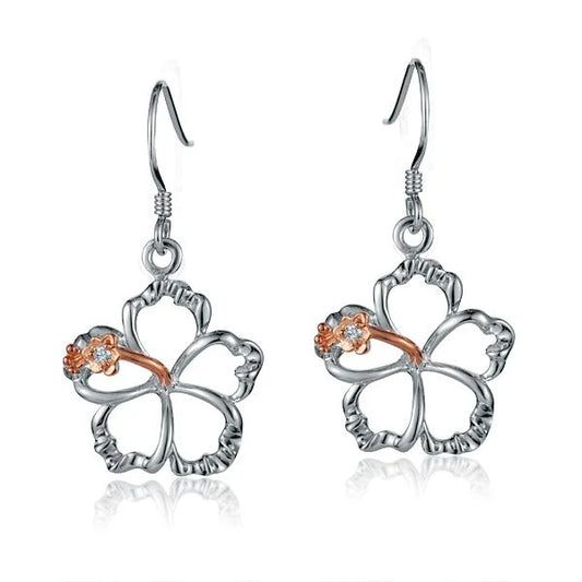 Sterling silver floating hibiscus hook earring, 15mm, featuring a delicate flower design, perfect for elegant summer accessories.
