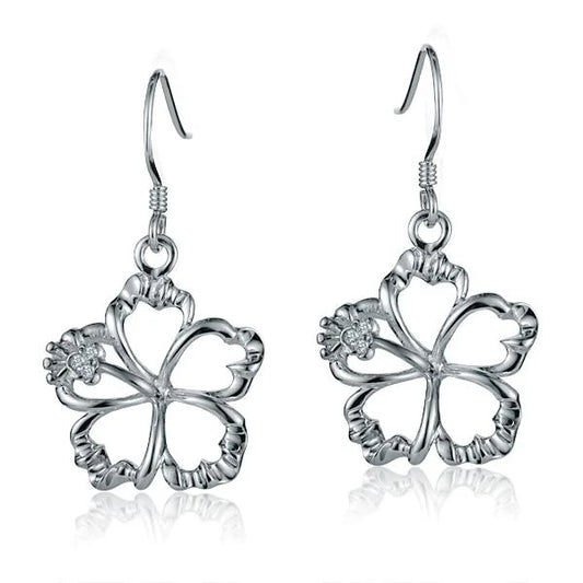 Sterling silver floating hibiscus hook earring, 18mm, handcrafted jewelry with floral design and elegant style.