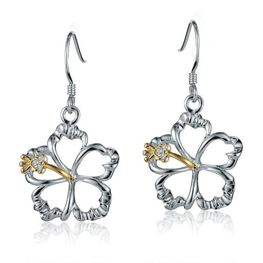 Sterling silver floating hibiscus hook earring, 18mm, featuring a delicate flower design, perfect for elegant jewelry style.