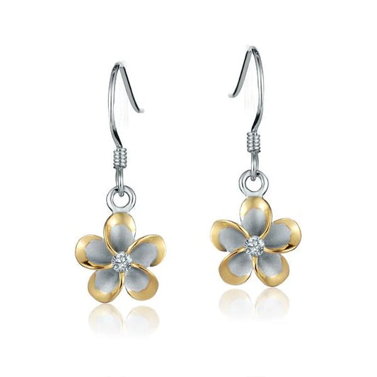 Yellow gold plated Plumeria CZ hook earring featuring a 10mm floral design, perfect for elegant jewelry styling.