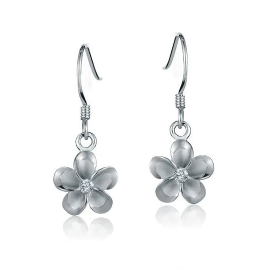 Rhodium plated Plumeria CZ hook earring with 10mm flower-shaped design, elegant jewelry accessory by Ashley's Gift Shop.