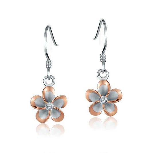 Gold-plated Plumeria CZ hook earring, 10mm size, Ashley's Gift Shop jewelry featuring floral design and sparkling cubic zirconia accents.