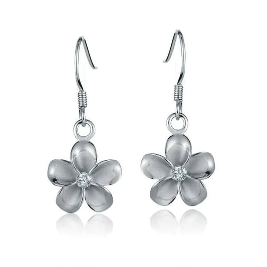 Rhodium plated hook earring with 12mm plumeria CZ flower design, stylish jewelry accessory from Ashley's Gift Shop