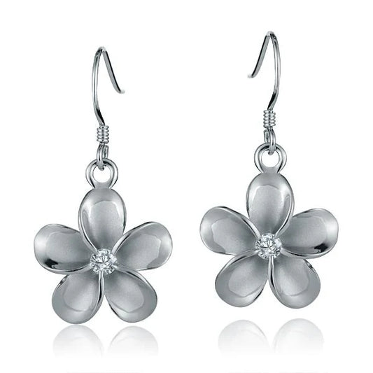 Rhodium plated hook earring with plumeria CZ flower design, 18mm length, jewelry by Ashley's Gift Shop