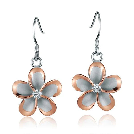Ashley’s Gift Shop Plumeria CZ PG plated hook earring, 18mm, featuring a delicate floral design with sparkling cubic zirconia.