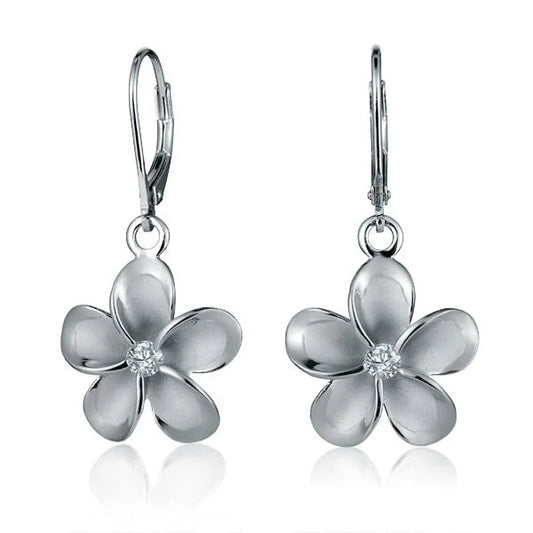 Rhodium plated plumeria flower long bead earrings, 18mm, by Ashley's Gift Shop, featuring detailed floral design.