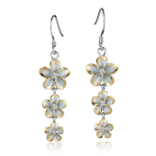 Gold-plated SE YG CZ hook earring with 12-10-8mm sparkling cubic zirconia stones, featuring a sleek, elegant design.