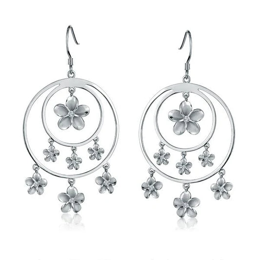 SE Double Circle Hook 7 Plumeria Earring featuring a silver hook with a hanging plumeria flower charm.