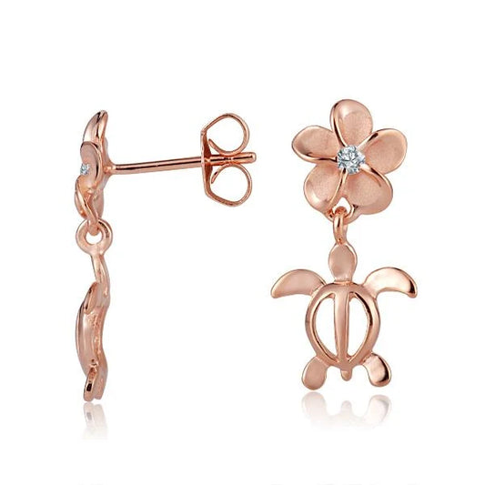 Sterling silver Plumeria Clear CZ Honu PG earring featuring an 8mm turtle design, crafted by Ashley's Gift Shop.