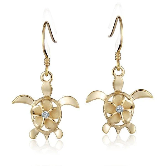 Sterling silver Plumeria CZ Honu YG hook earring, 8mm, featuring colorful gemstone accents and a tropical design.
