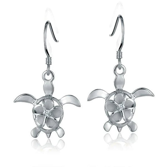 Sterling silver Honu Rhod hook earring with Plumeria CZ, 8mm, featuring a Hawaiian turtle design and floral gemstone detail.