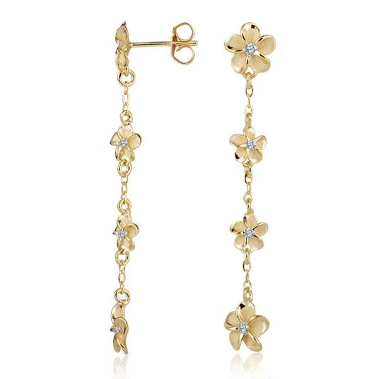 Gold-plated Plumeria CZ earrings with 8-6-6-8mm design, featuring floral-inspired jewelry by Ashley's Gift Shop.