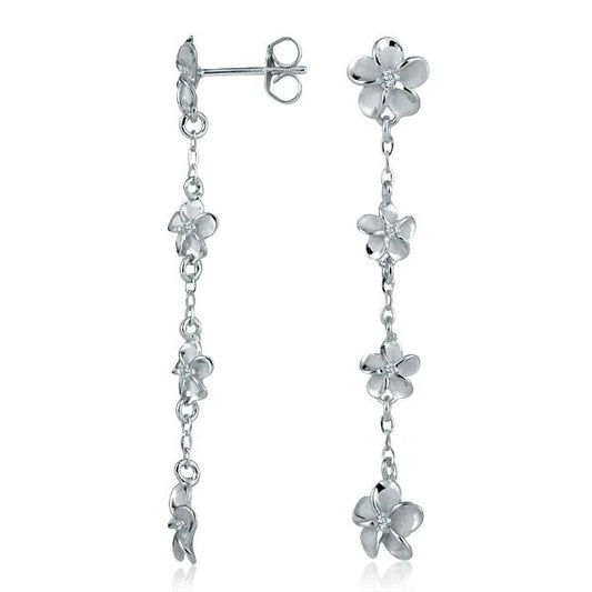 Plumeria CZ Rhodium-plated dangle earrings with 8-6-6-8mm floral design by Ashley's Gift Shop