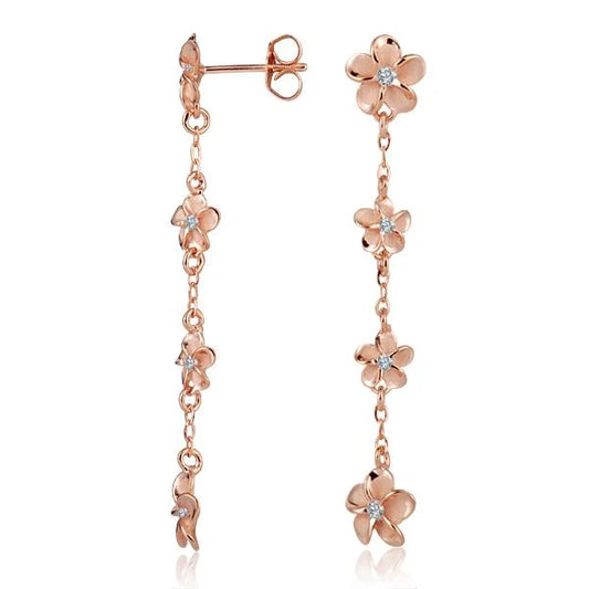 Plumeria CZ PG plated earrings with 8-6-6-8mm floral design featuring pink gold plating and sparkling cubic zirconia accents.
