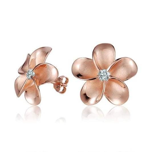 Plumeria CZ PG rhodium post earring, 18mm, featuring pink gemstone accents and floral design, from Ashley's Gift Shop.