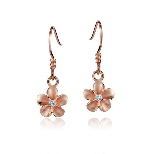 Ashley’s Gift Shop Plumeria CZ PG Rhodium Hook Earring, 8mm, featuring a delicate floral design and sparkling pink cubic zirconia.