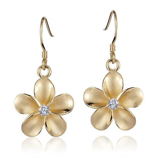 Plumeria CZ yellow gold rhodium hook earring, 18mm, featuring a floral design with sparkling cubic zirconia accents.