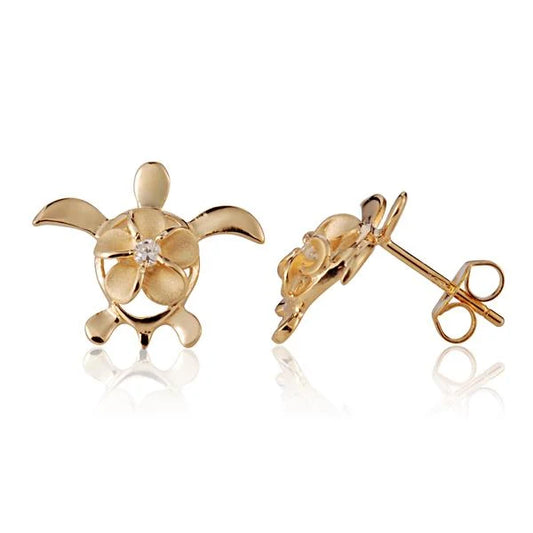 Sterling silver Honu Plumeria YG post earring featuring a detailed turtle and flower design, perfect for casual or elegant wear.