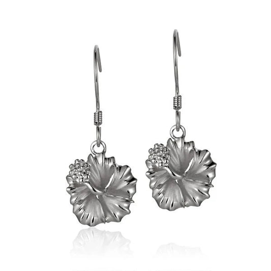 Sterling silver Hibiscus Rhodium Hook Earring, 12mm, featuring a detailed floral design with a shiny rhodium finish.