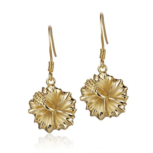Hibiscus YG plated earring, 15mm, with floral hibiscus design in gold tone, stylish jewelry accessory from Ashley's Gift Shop