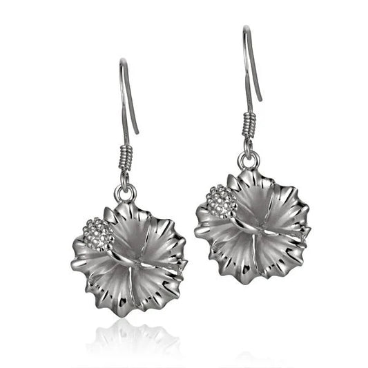 Rhodium hook earring with hibiscus design, 15mm length, stylish jewelry piece from Ashley's Gift Shop