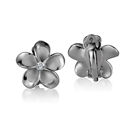 Ashley’s Gift Shop Plumeria CL CZ Rhodium Clip Earring, 18mm, with silver-tone finish and floral design.