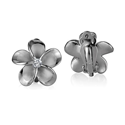 Rhodium clip-on earring with cubic zirconia, 20mm size, stylish jewelry accessory from Ashley's Gift Shop.