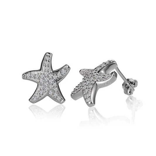 Silver starfish CZ post earring with sparkling cubic zirconia, perfect for ocean-inspired jewelry styles.