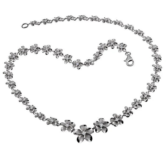 Rhodium-plated Plumeria flower necklace with 8-15mm beads, featuring a delicate floral design and elegant chain.