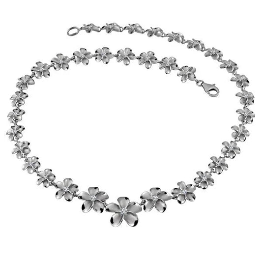 Plumeria Rhodium Necklace with 10-18mm beads, featuring a delicate floral design, jewelry chain, and elegant craftsmanship.