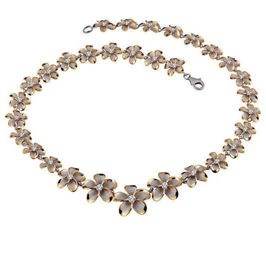 Gold Plumeria 2T YG necklace with 12-20mm beads, featuring a floral pendant, from Ashley's Gift Shop.