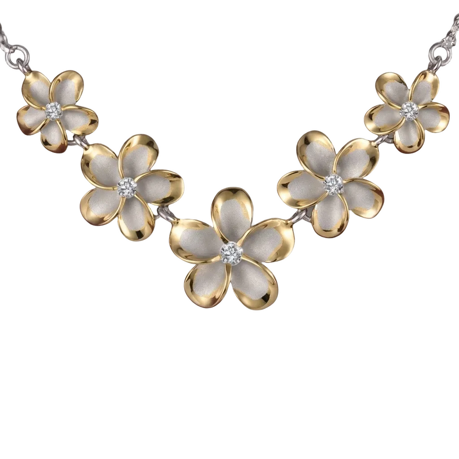Hawaiian 925 Sterling Silver rhodium Plumeria 2T YG rope necklace with 12-18mm diameter, featuring intricate leaf-inspired.