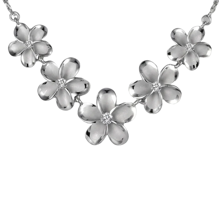 Hawaiian 925 Sterling Silver plumeria Rhodium Rope Necklace, 15-20mm, featuring a detailed floral design.