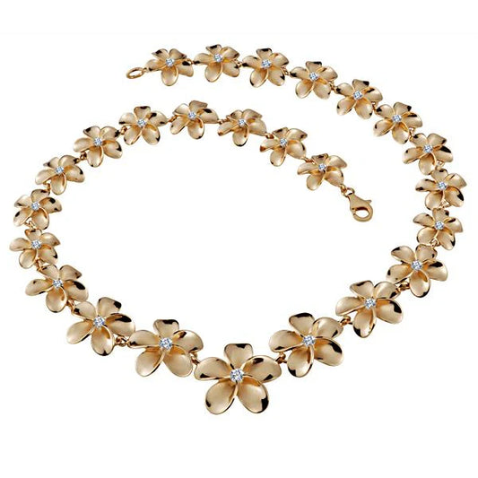 Rhodium-plated Plumeria pendant necklace with 15-25mm yellow gold coating and floral design, displayed on a neutral background.