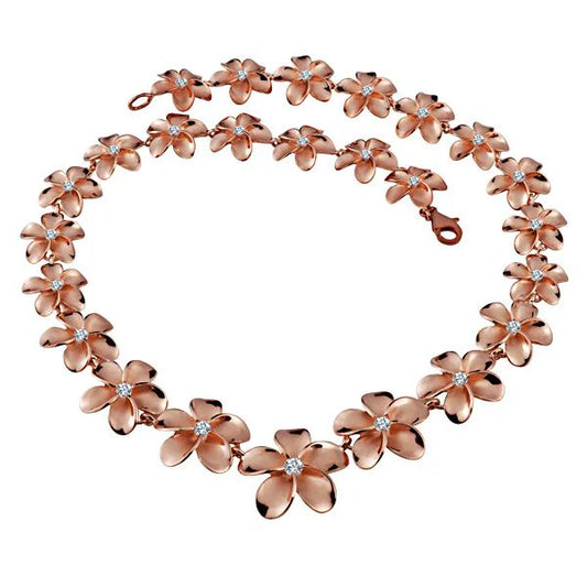 Rhodium Plumeria PG coating 19-inch necklace with 15-25mm floral-shaped pendants, crafted by Ashley's Gift Shop.