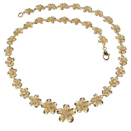 Plumeria YG necklace with 10-18mm yellow gold beads, featuring a delicate floral design and adjustable chain.
