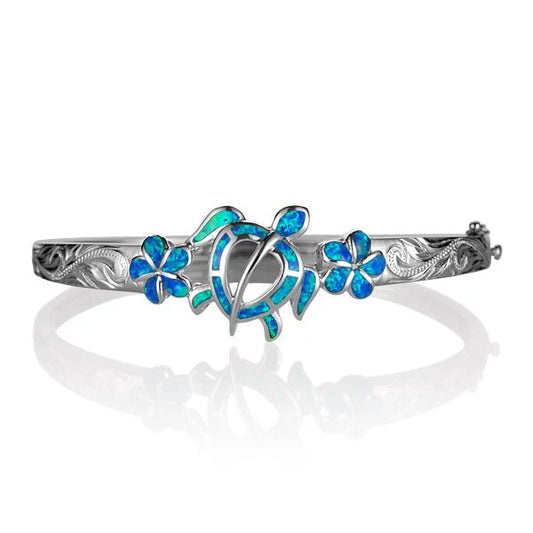 SOB Opal Flower Honu Flower Scroll Bangle featuring intricate floral and turtle designs in silver, crafted by Ashley's Gift Shop.