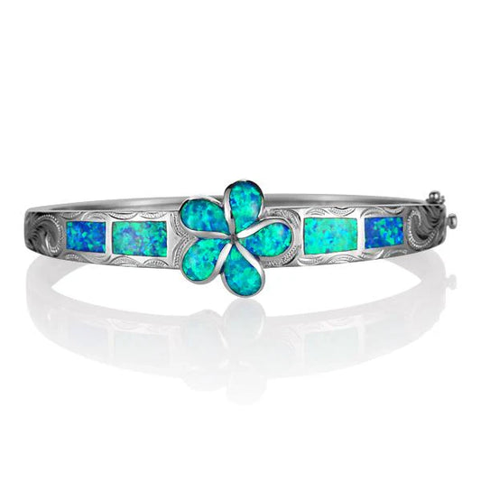 SOB 3 Plumeria Opal Bangle featuring a delicate floral design and colorful opal accents, perfect for elegant jewelry styling