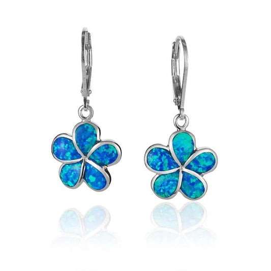 Sterling silver SOE Opal Plumeria L/B earring with 15mm design, featuring colorful opal flower motif in a delicate jewelry image