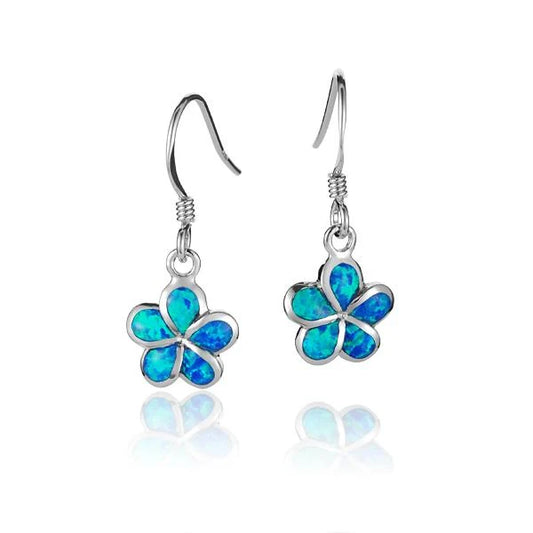 Sterling silver SOE Opal Plumeria hook earring with 10mm opal gemstone, elegant jewelry design.