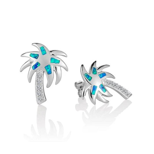 Silver SOE Opal Palm Tree Earring with detailed palm tree design and sparkling opal gemstone for a stylish accessory.