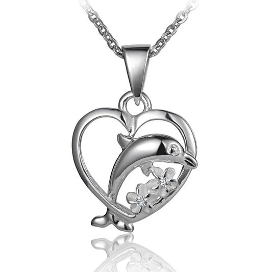 Silver heart pendant with a dolphin design, featuring a polished finish and detailed craftsmanship, perfect for jewelry collection.